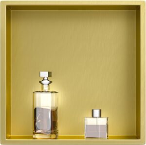Wandnis douche nis – RVS badkamer opbergrek met gouden afwerking – inbouwnis voor douche en toilet – 30x30x10 cm