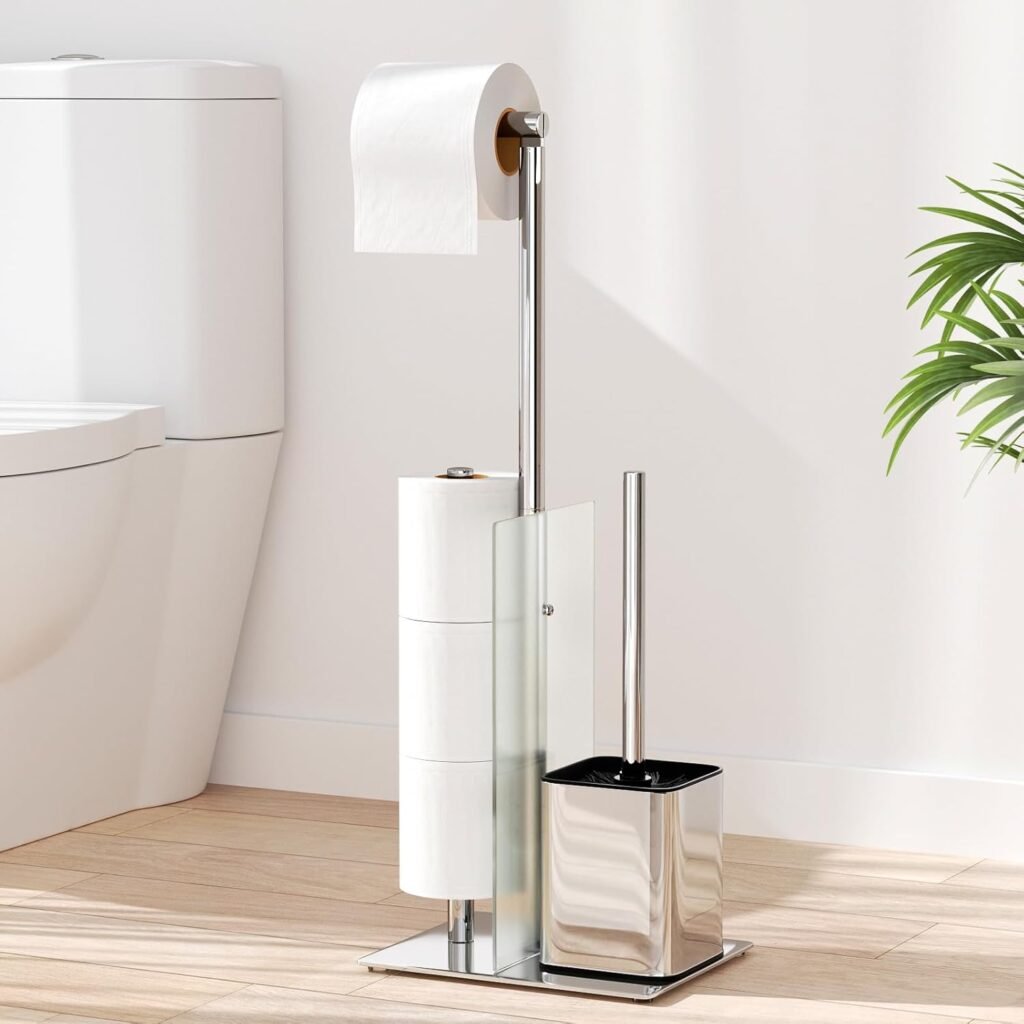 Staande toiletpapierhouder RVS met toiletborstel en glazen plank zilveren vrijstaande toiletrolhouder zonder boren badkamer set