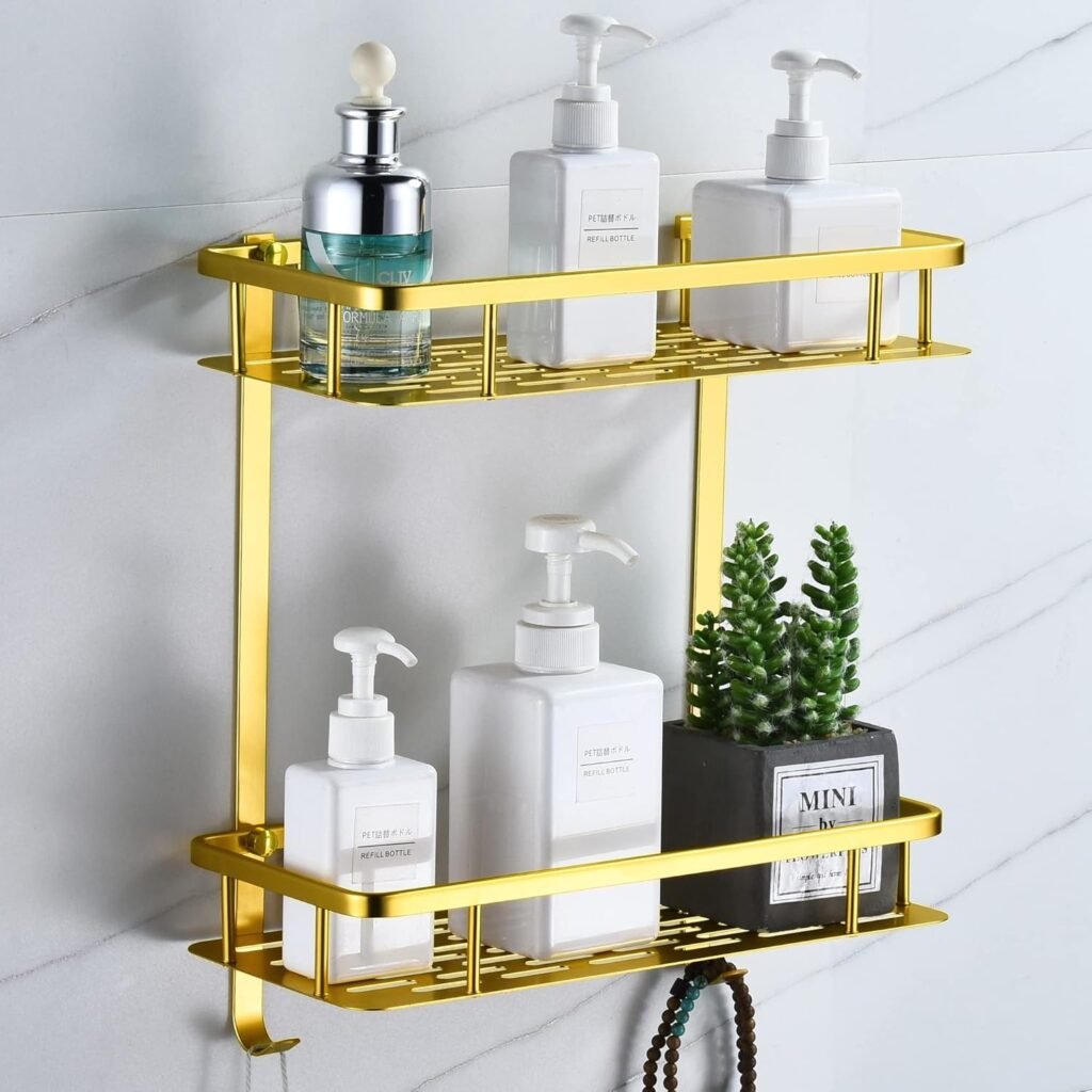 Doucheplank zonder boren champagne goud aluminium wandplank badkamer met haakjes 2 stuks roestvrij voor shampoo en douchegel opslag
