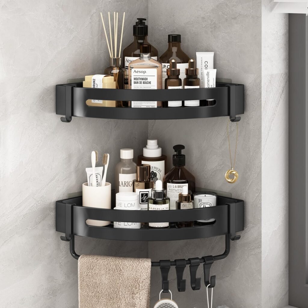 Hoek doucheplank zonder boren zwart 2 stuks triangulaire douchemand badkamer opberger shampoo rek keuken toilet
