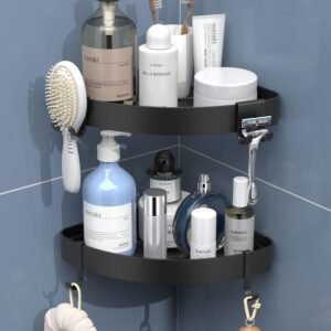 Hoek douche rek zonder boren – Douchemand shampoo houder met 4 haken – Roestbestendig zwart zilver – 2 stuks set
