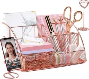 Bureau organizer roze goud – pennenhouder en telefoonhouder – cosmetica en bureau opbergdoos – metaal school thuis kantoor