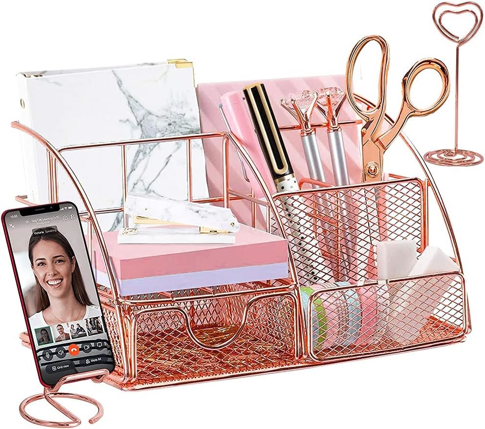 Roze gouden bureau organizer met pennenhouder telefoonhouder en opbergvak metaal kantoor en school accessoire