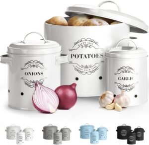 Voorraadpotten set van 3 – uien knoflook aardappel bewaarpotten – emaille keuken voorraadmanden – met ventilatiegaten wit
