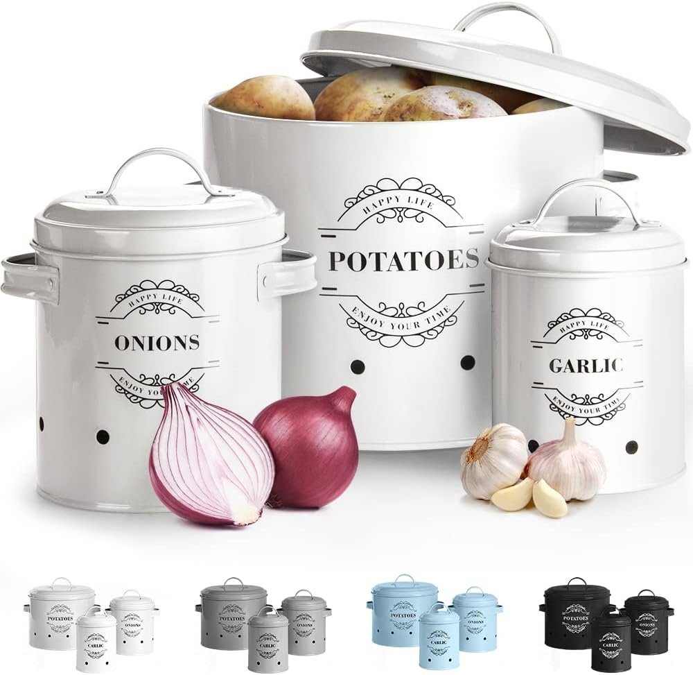 Set van 3 witte emaille voorraadpotten voor uien knoflook en aardappelen met ventilatiegaten keuken opbergmanden