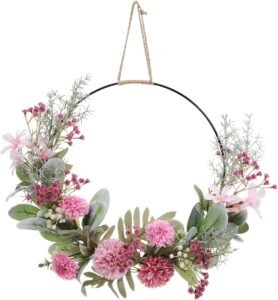 Kunstbloemenkrans eucalyptus met metalen ring – deurkrans wanddecoratie – lente en paas guirlande – 32 cm roze bloemen