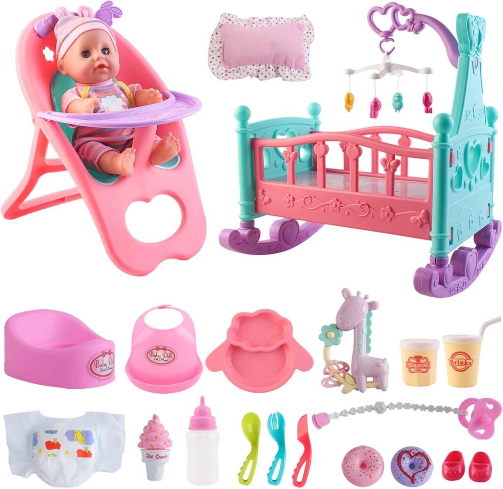 14 inch babypop speelset 15-delig met wieg eetstoel en accessoires baby pop speelgoed set voor kinderen