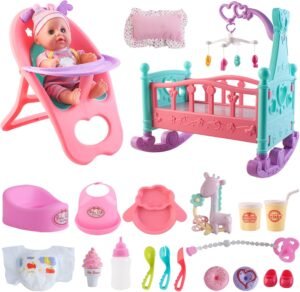 Baby pop speelset 14 inch met wieg en stoel – 15-delige poppenaccessoires set – Babypop met voedings- en verzorgingsitems – Speelgoed set voor kinderen