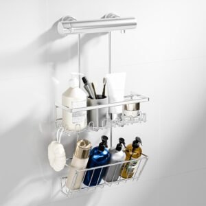 Hangende Doucheplank RVS – Douche Rek Zonder Boren met Opbergruimte – Badkamer Organizer voor Douche en Bad – Eenvoudig te Installeren Zilver