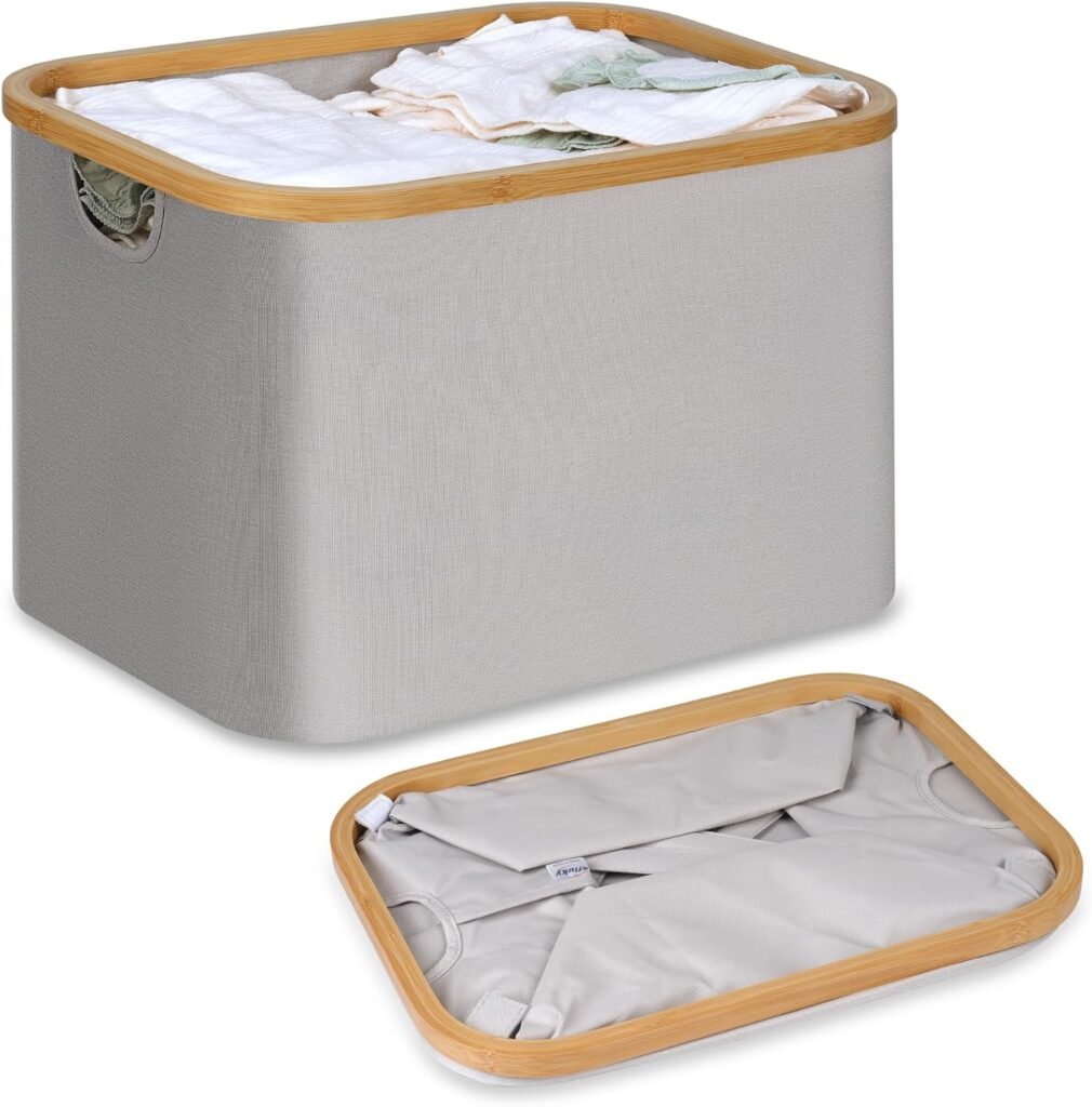 Vouwbare wasmand van bamboe stof 50 liter lichtgrijs voor slaapkamer en badkamer als opbergmand voor wasgoed