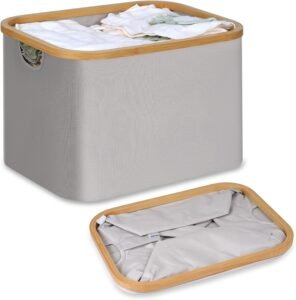 Vouwbare Wasmand Bamboe Stof – Opbergmand voor Wasgoed en Slaapkamer – Ruimtebesparende Wasmand Badkamer Organizer – 50 Liter Lichtgrijs