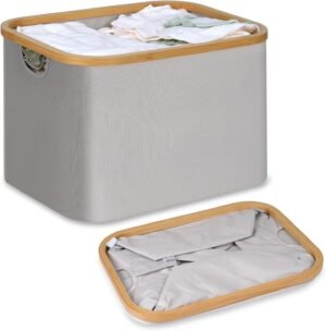Vouwbare wasmand van bamboe stof 50 liter lichtgrijs voor slaapkamer en badkamer als opbergmand voor wasgoed