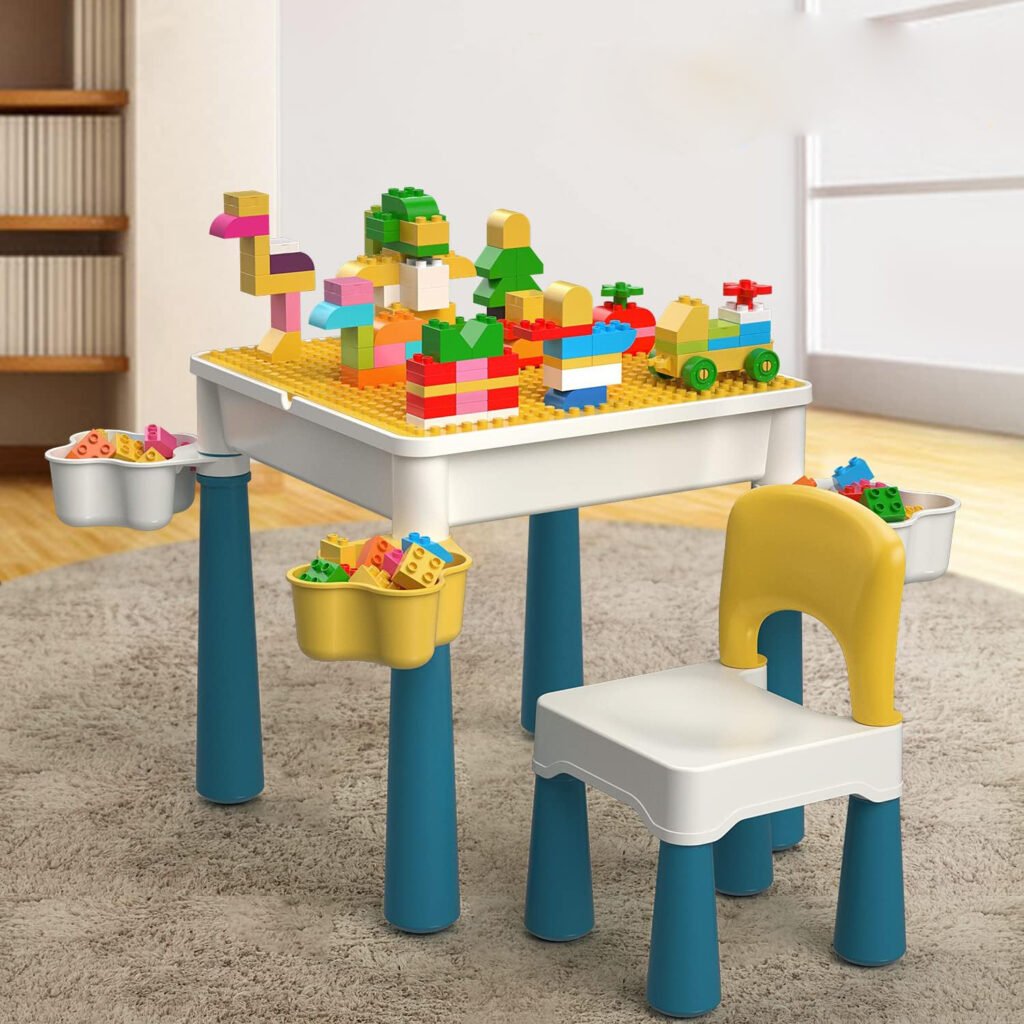 Speeltafel met stoel en bouwblokken set voor kinderen met 130 stuks creatief bouwspeelgoed voor jongens en meisjes