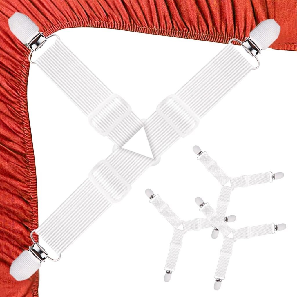 Bedbinder hoekstraps met metalen clips voor hoeslakens, matrassen, strijkplankhoezen en bankhoezen - 4-delige set wit