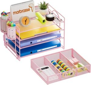 Bureau organizer set met papierlades en pennenhouders – Metaalgaas opbergsysteem voor kantoor en school – Brievenbak en bestandsrek voor A4 documenten – Roze bureau organizer