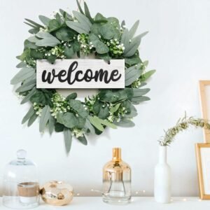Eucalyptus krans voordeur - kunstkrans met welkom bord - wanddecoratie deurkrans groen - 46 cm lente en zomer decoratie