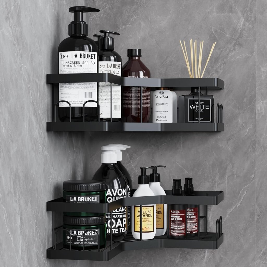 Douche caddy set 2 stuks zelfklevend doucherek zonder boren zwart roestvrij hoekrek badkamer organizer zeepbakje wandmontage doucherekje