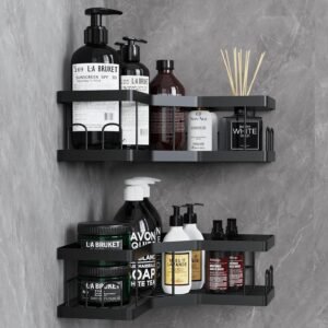 Douche caddy set 2 stuks zelfklevend doucherek zonder boren zwart roestvrij hoekrek badkamer organizer zeepbakje wandmontage doucherekje