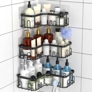 Hoek douche caddy set van 3 – zelfklevende doucheplank organizer – roestvrij staal badkamerrek – met 18 haken wandmontage zonder boren