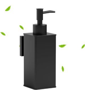 Alt-tekst: Zwarte RVS zeepdispenser voor wandmontage met 240 ml inhoud en vierkant design voor badkamer, toilet of keuken