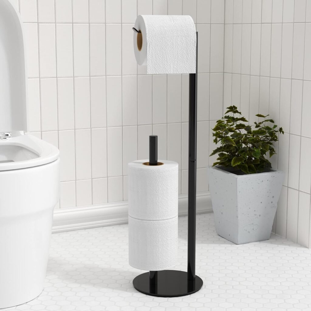 Zwarte vrijstaande RVS toiletpapierhouder met opbergruimte voor 3 toiletrollen voor badkamer of toilet