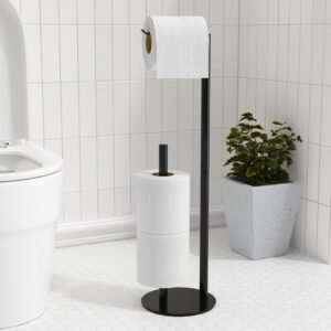 Toiletpapierhouder Vrijstaand – Zwarte RVS Toiletrolhouder met Opbergruimte – Staande WC Rolhouder voor 3 Rollen – Badkameraccessoire
