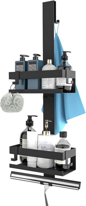Zwarte RVS doucheplank voor ophangen zonder boren voor shampoo en douchegel aan glasdeur voor badkameropslag