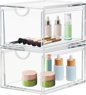Stapelbare transparante acryl make-up organizer 2-pack opbergdozen voor badkamer, slaapkamer en keuken als lade en dressoir opbergsysteem