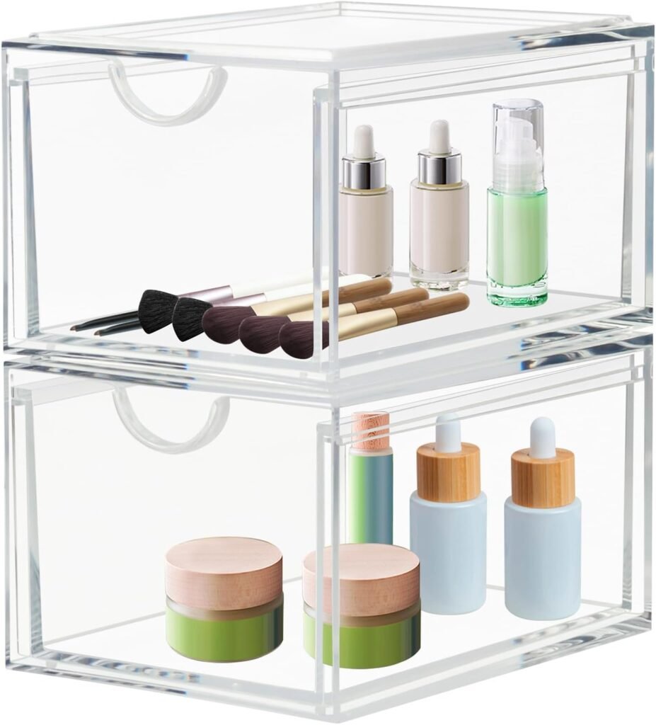 Stapelbare transparante acryl make-up organizer 2-pack opbergdozen voor badkamer, slaapkamer en keuken als lade en dressoir opbergsysteem