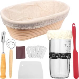 Zuurdesem Starter Pot en Ovale Rijsmand Set – Broodmand voor zuurdesem deeg – 24 oz met datummarkering en voedingsband