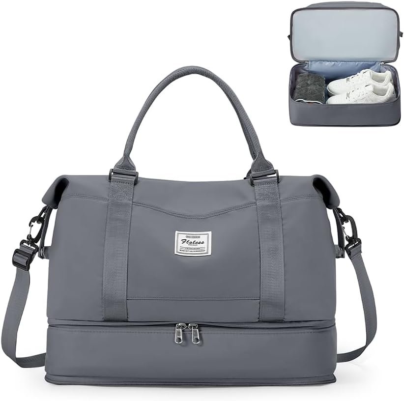 Reistas vrouwen Ryanair EasyJet handbagage waterdichte weekendtas sporttas duffle bag schoencompartiment Slate Grey alt tekst