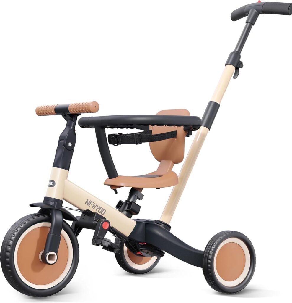 Driewieler peuter trike met duwstang en veiligheidsgordel khaki 1-3 jaar stabiele kinderfiets