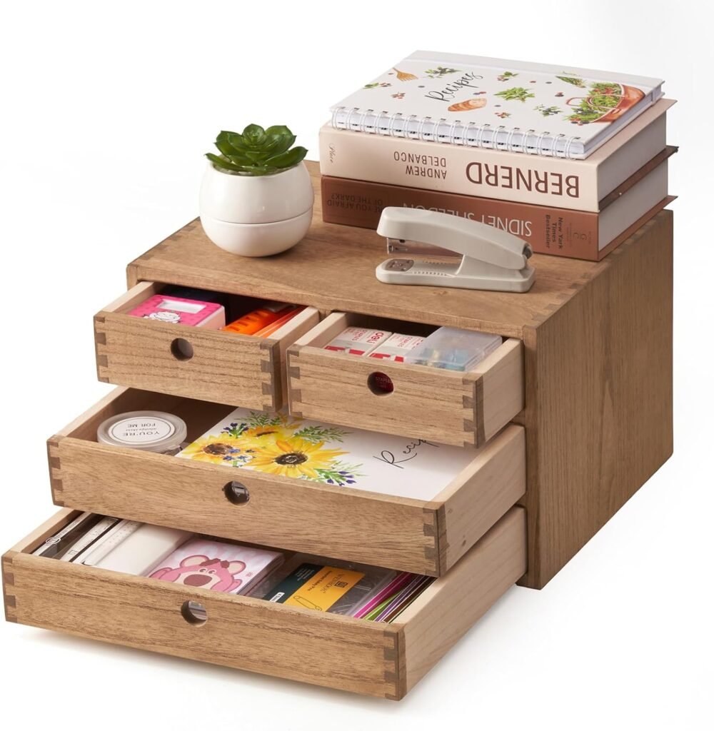 Houten bureau organizer met 4 lades donkerbruin – opbergdoos voor kantoorbenodigdheden en make-up