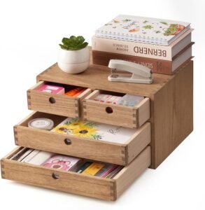 Houten bureau organizer met lades – Kantoor & make-up organizer opbergdoos – 4-lade bureau opbergsysteem – Donkerbruin