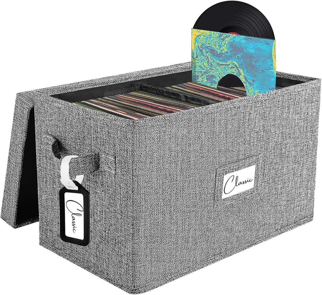 Opvouwbare opbergbox voor vinylplaten 7 inch en 45RPM met grijze deksel, geschikt voor tot 80 albums en CD’s, met handvat en organizer functie voor vinylverzameling en dossieropslag
