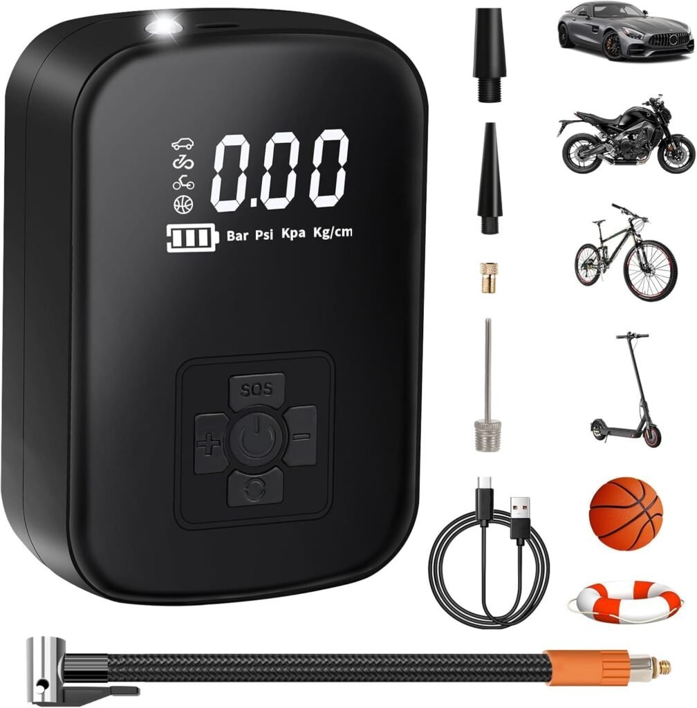 Elektrische fietspomp 150 PSI draagbare luchtcompressor met digitale manometer voor auto en fiets oplaadbaar met opzetstukken