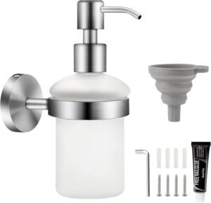 Zeepdispenser Wandmontage – Glazen Shampoo Zeepdispenser Badkamer – Zelfklevend of Boren RVS Houder – 200 ml Satijnglas
