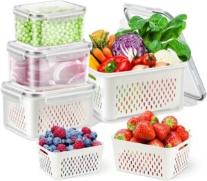Fruitbewaarcontainer Set voor Koelkast – Groente en Fruit Opbergbox met Zeef – Stapelbare Keuken Organizer – 4 Stuks, Kunststof