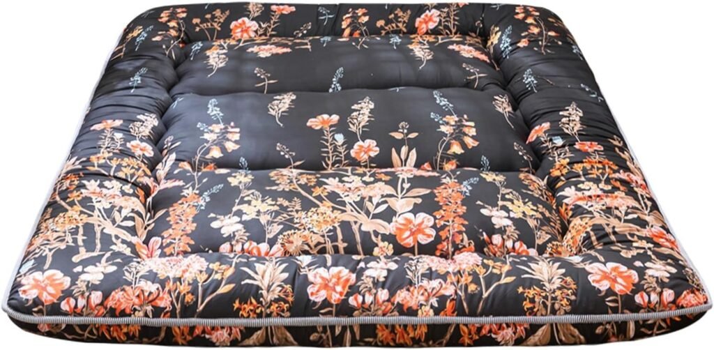 Japanse futonmatras 90x190 cm oprolbaar memory foam polyester microvezel 7-10 cm logeermatras zwart met bloemenpatroon