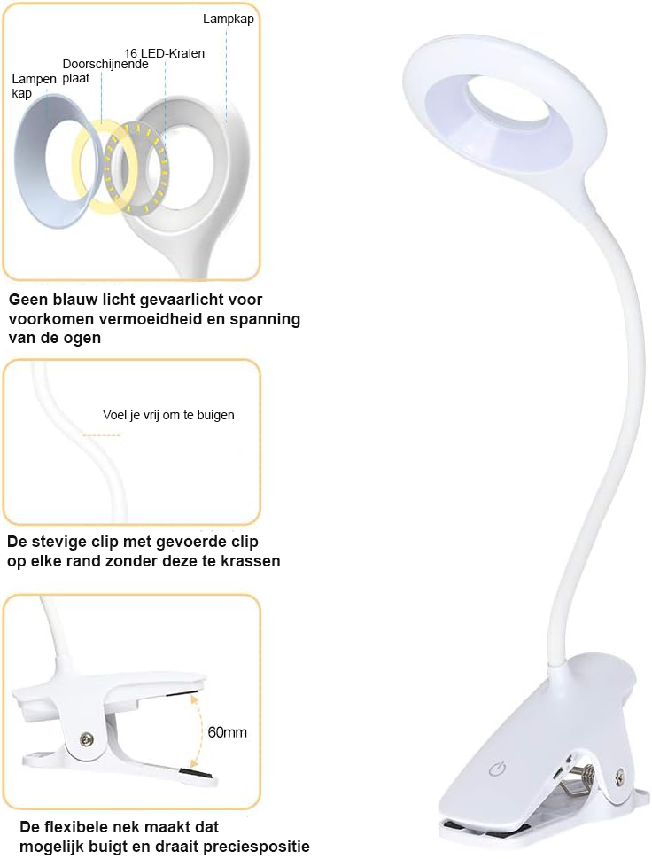 leeslamp met klem 16 leds blauwlichtfilter dimbaar usb oplaadbaar flexibele gooseneck 360 graden verstelbaar slaap en werklamp