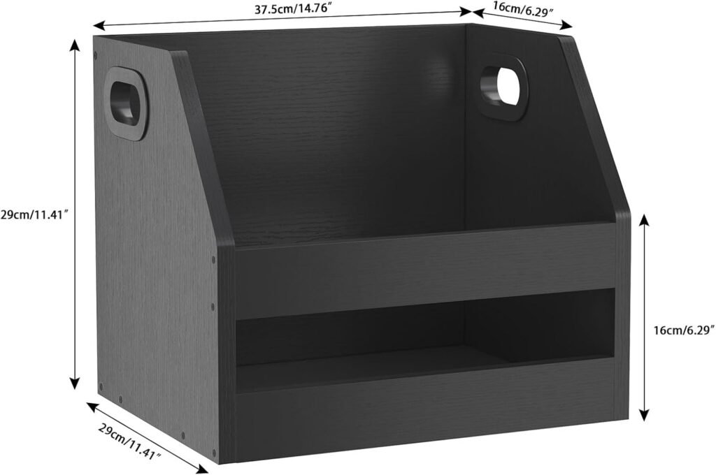 Vinyl platen opbergbox hout - met handvat bureau/boekenplank organizer - trapezium design voor boeken, mappen & fotoalbums - 38 x 29 x 29 cm zwart