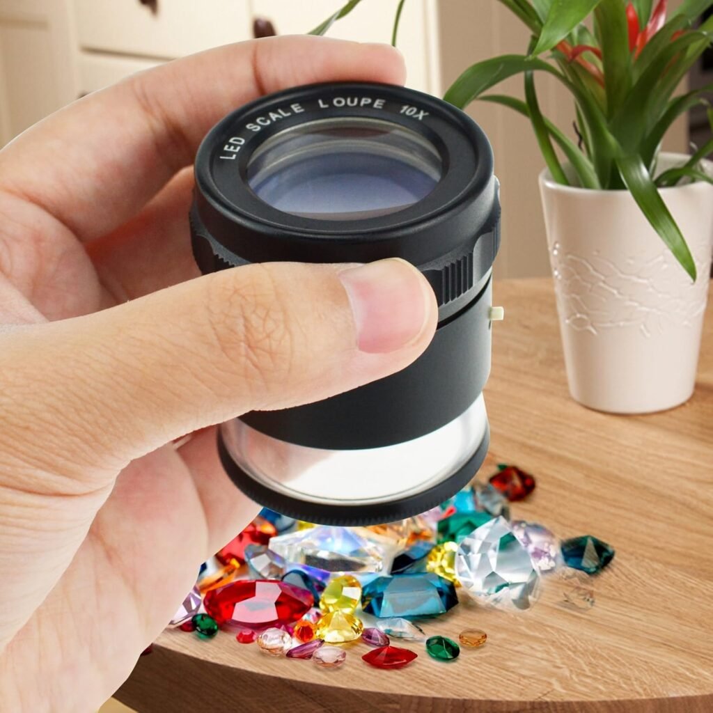 10x verlichte juweliersloep met LED vergrootglas en 25mm kijkveld voor sieraden, edelstenen, munten en hobby met verwisselbare meetlat en 4 meetdiagrammen