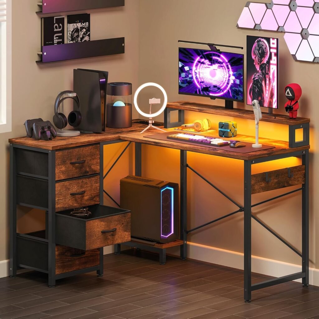 hoekbureau met opbergrek en usb poorten en stopcontacten multifunctionele werktafel voor thuiswerk en studeren vintage bruin 130x100x75 cm compacte bureau met opbergplanken