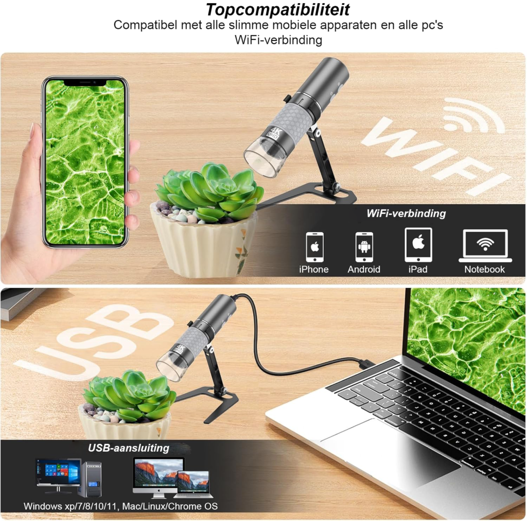 4K WiFi digitale microscoop met metalen standaard draadloze handmicroscoop camera met 3840x2160p vergroting compatibel met iPhone Android Windows en Mac