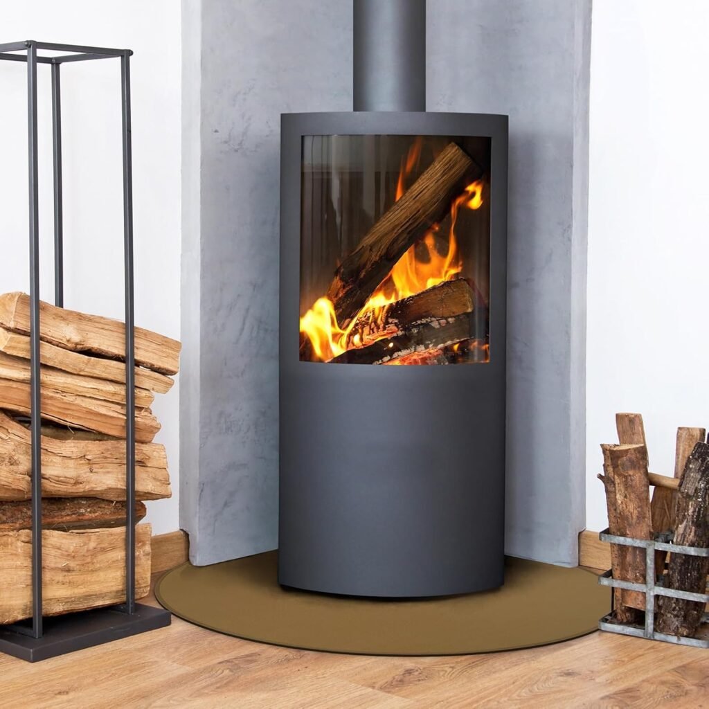 Vuurvaste glasvezel mat 100x100 cm rond onder open haard voor vloerbescherming tegen vonken binnen en buiten bruin
