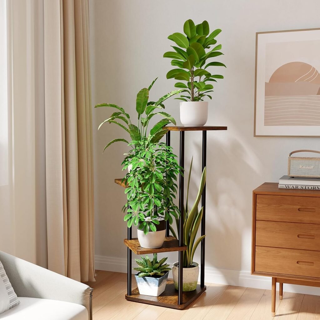 Plantenrek 4 niveaus van zwart metaal met houten planken, hoekmodel voor kamerplanten geschikt voor binnen en buiten zoals balkon, tuin en woonkamer
