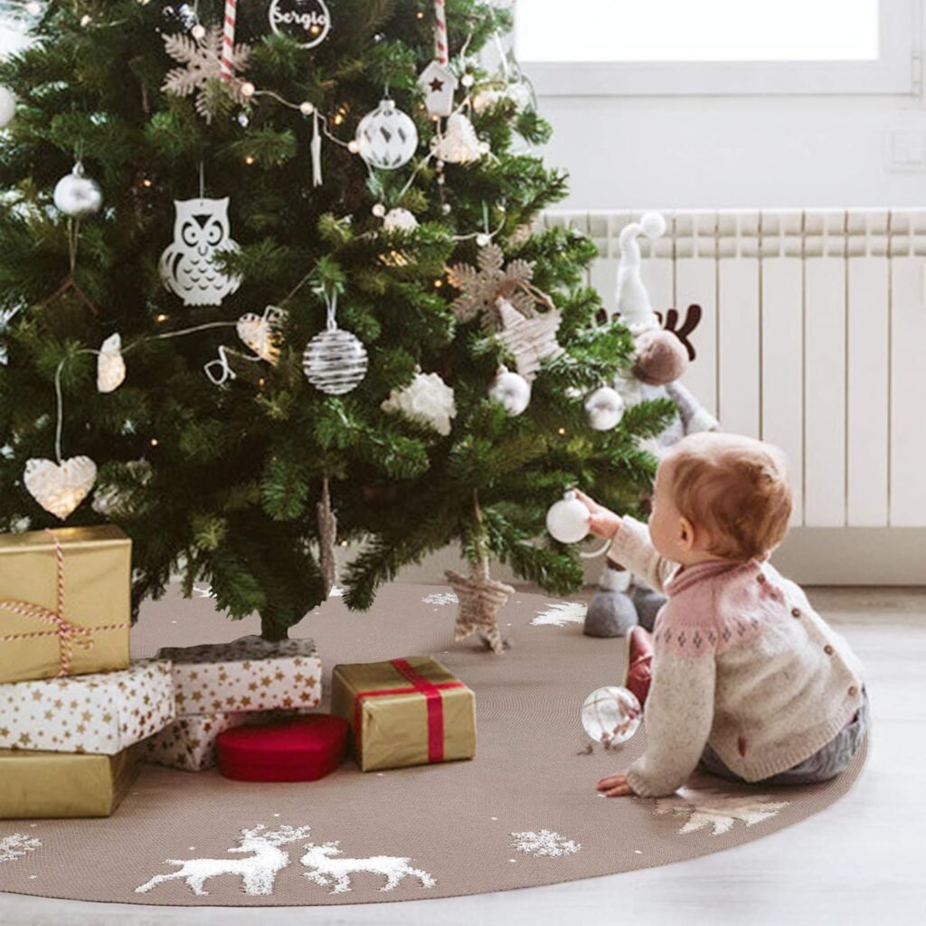 kerstboom rok 36 inch beige gebreide kerstboom skirt met 3d elanden en sneeuwvlokken patroon kerstboom basis bedekking feestdecoratie