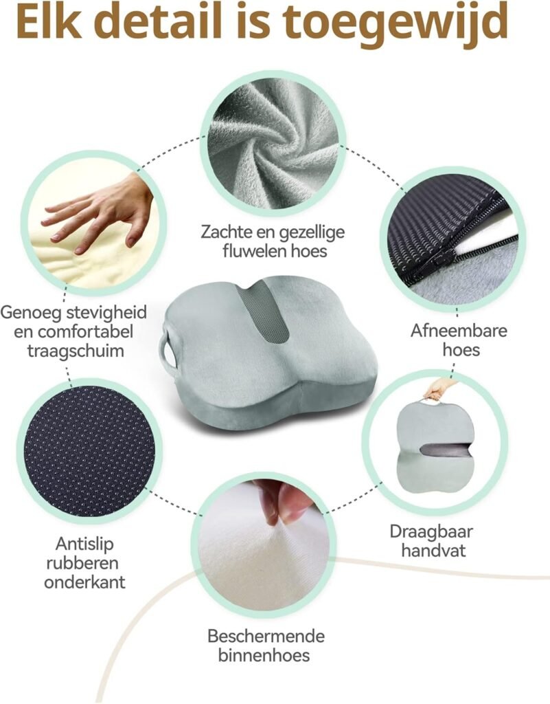 Ergonomisch zitkussen memory foam met coccyx ondersteuning voor bureaustoel auto en rolstoel grijs orthopedisch drukverlagend zitkussen