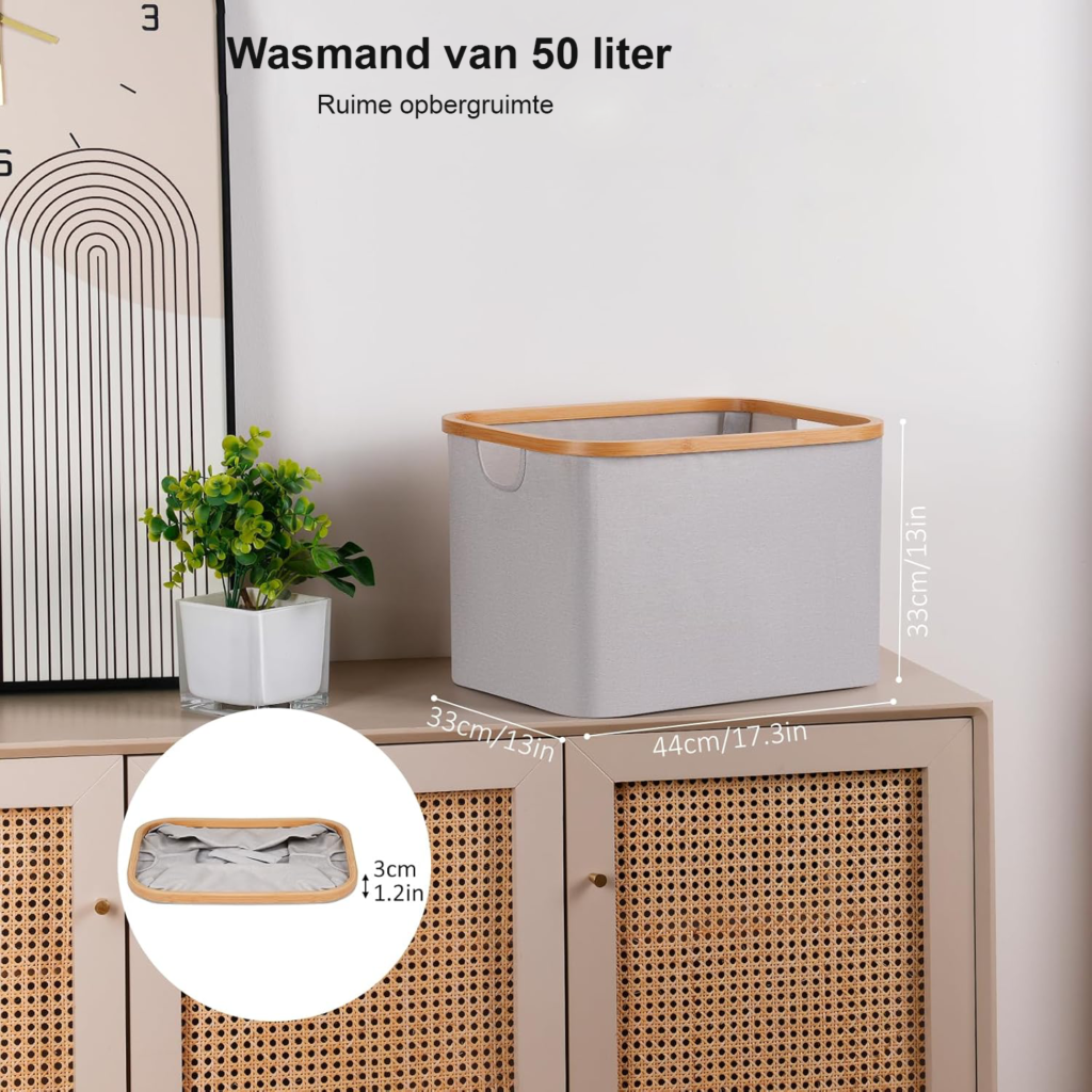 Vouwbare wasmand van bamboe stof 50 liter lichtgrijs voor slaapkamer en badkamer als opbergmand voor wasgoed