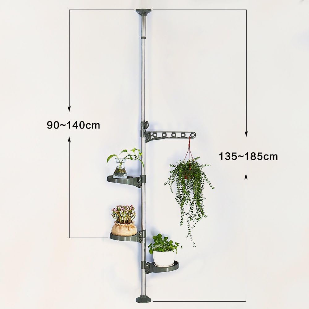 Telescopisch bloemenrek met 3 legplanken en 1 haak verstelbaar metalen plantenstandaard grijs voor woonkamer en balkon